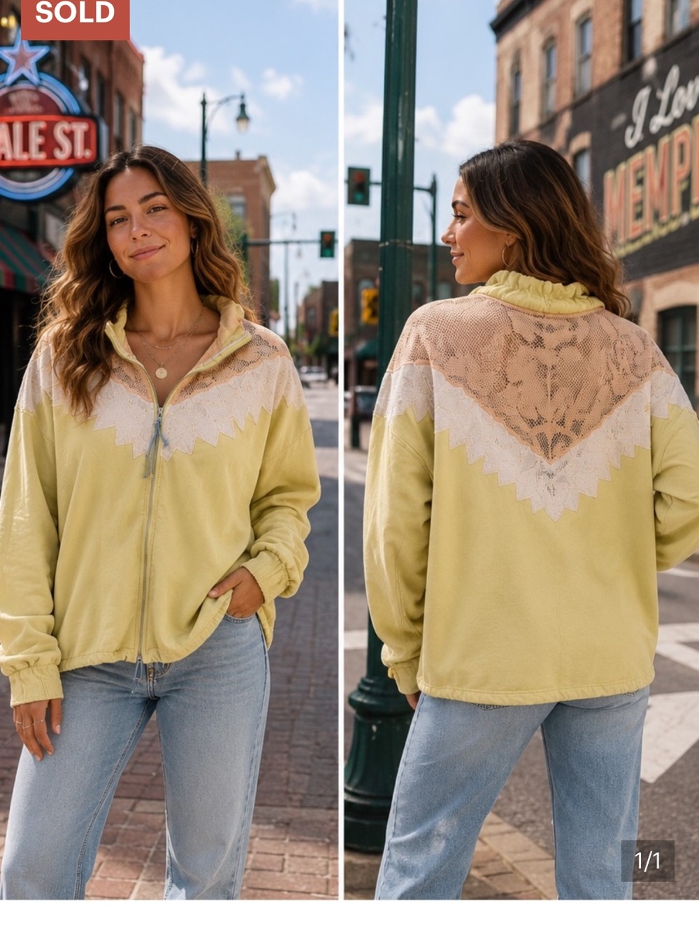 Free People Light Yellow Lace-Trim Zip-Up Sweatshirt